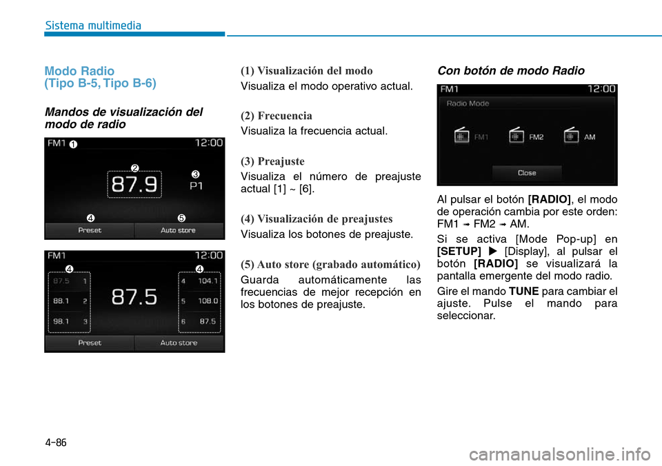 Hyundai Elantra 2017  Manual del propietario (in Spanish) 4-86
Sistema multimedia
Modo Radio 
(Tipo B-5, Tipo B-6)
Mandos de visualización del
modo de radio
(1) Visualización del modo
Visualiza el modo operativo actual.
(2) Frecuencia
Visualiza la frecuenc