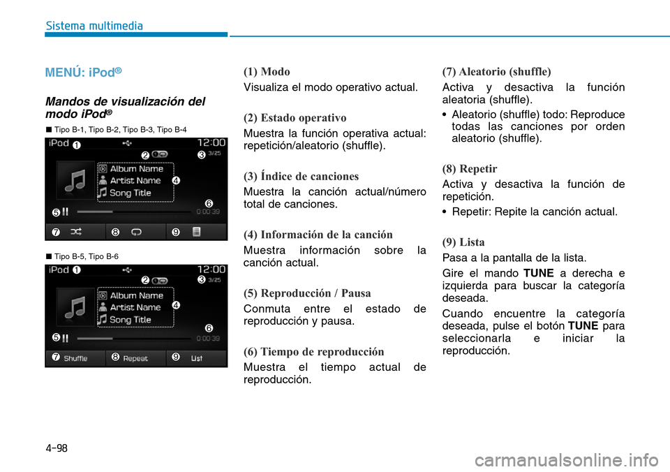 Hyundai Elantra 2017  Manual del propietario (in Spanish) 4-98
Sistema multimedia
MENÚ: iPod®
Mandos de visualización del
modo iPod®
(1) Modo
Visualiza el modo operativo actual.
(2) Estado operativo
Muestra la función operativa actual:
repetición/aleat