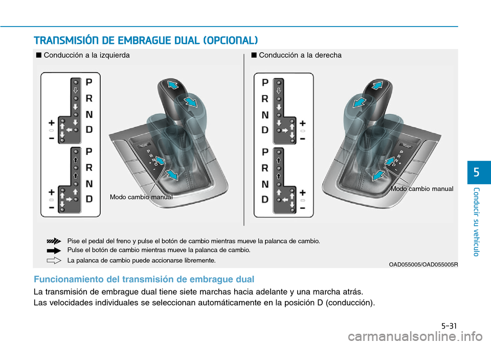 Hyundai Elantra 2017  Manual del propietario (in Spanish) 5-31
Conducir su vehículo
5
TRANSMISIÓN DE EMBRAGUE DUAL (OPCIONAL)
Funcionamiento del transmisión de embrague dual 
La transmisión de embrague dual tiene siete marchas hacia adelante y una marcha