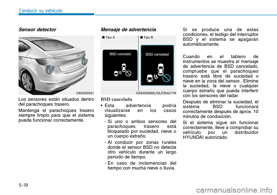 Hyundai Elantra 2017  Manual del propietario (in Spanish) Conducir su vehículo
5-70
Sensor detector 
Los sensores están situados dentro
del parachoques trasero.
Mantenga el parachoques trasero
siempre limpio para que el sistema
pueda funcionar correctament