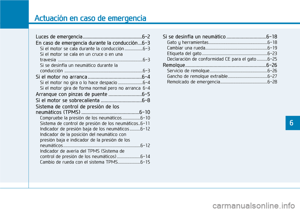 Hyundai Elantra 2017  Manual del propietario (in Spanish) Actuación en caso de emergencia 
Luces de emergencia .................................................6-2
En caso de emergencia durante la conducción ...6-3
Si el motor se cala durante la conducció