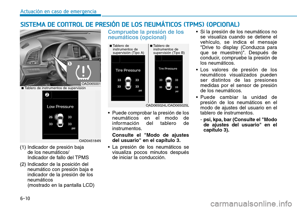 Hyundai Elantra 2017  Manual del propietario (in Spanish) 6-10
(1) Indicador de presión baja 
de los neumáticos/
Indicador de fallo del TPMS
(2) Indicador de la posición del
neumático con presión baja e
indicador de la presión de los
neumáticos
(mostr