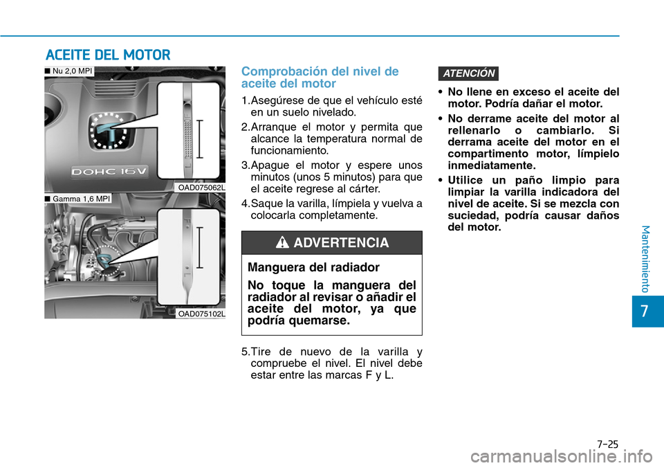 Hyundai Elantra 2017  Manual del propietario (in Spanish) 7-25
7
Mantenimiento
ACEITE DEL MOTOR
Comprobación del nivel de
aceite del motor 
1.Asegúrese de que el vehículo esté
en un suelo nivelado.
2.Arranque el motor y permita que
alcance la temperatura