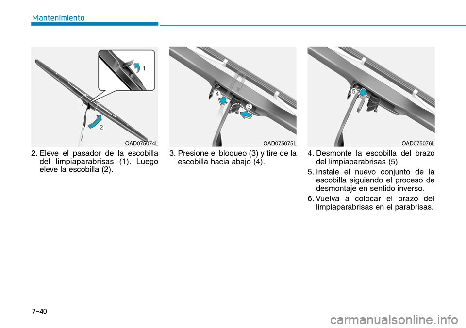 Hyundai Elantra 2017  Manual del propietario (in Spanish) 7-40
Mantenimiento
2. Eleve el pasador de la escobilla
del limpiaparabrisas (1). Luego
eleve la escobilla (2).3. Presione el bloqueo (3) y tire de la
escobilla hacia abajo (4).4. Desmonte la escobilla