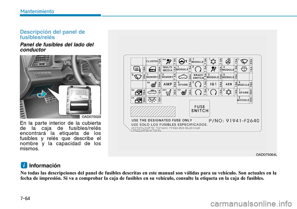 Hyundai Elantra 2017  Manual del propietario (in Spanish) 7-64
Mantenimiento
Descripción del panel de
fusibles/relés 
Panel de fusibles del lado del
conductor 
En la parte interior de la cubierta
de la caja de fusibles/relés
encontrará la etiqueta de los