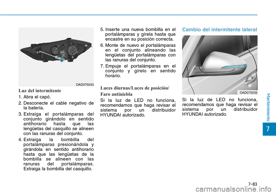 Hyundai Elantra 2017  Manual del propietario (in Spanish) 7-83
7
MantenimientoLuz del intermitente
1. Abra el capó.
2. Desconecte el cable negativo de
la batería.
3. Extraiga el portalámparas del
conjunto girándolo en sentido
antihorario hasta que las
le