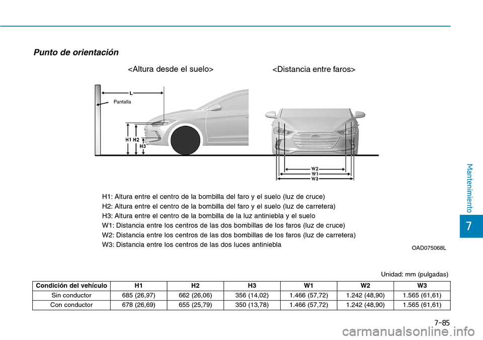 Hyundai Elantra 2017  Manual del propietario (in Spanish) 7-85
7
Mantenimiento
Unidad: mm (pulgadas)
Punto de orientación 
OAD075068L
H1: Altura entre el centro de la bombilla del faro y el suelo (luz de cruce)
H2: Altura entre el centro de la bombilla del 