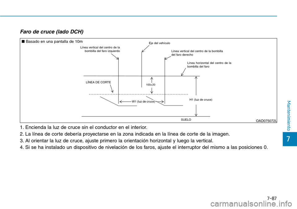 Hyundai Elantra 2017  Manual del propietario (in Spanish) 7-87
7
Mantenimiento
Faro de cruce (lado DCH) 
1. Encienda la luz de cruce sin el conductor en el interior.
2. La línea de corte debería proyectarse en la zona indicada en la línea de corte de la i