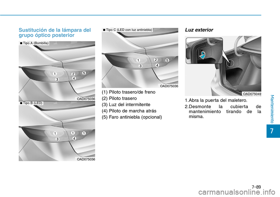 Hyundai Elantra 2017  Manual del propietario (in Spanish) 7-89
7
Mantenimiento
Sustitución de la lámpara del
grupo óptico posterior
(1) Piloto trasero/de freno
(2) Piloto trasero
(3) Luz del intermitente
(4) Piloto de marcha atrás
(5) Faro antiniebla (op