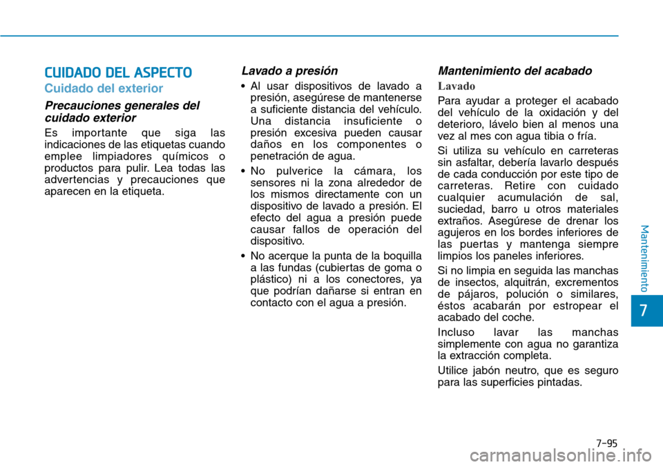 Hyundai Elantra 2017  Manual del propietario (in Spanish) 7-95
7
Mantenimiento
CUIDADO DEL ASPECTO
Cuidado del exterior 
Precauciones generales del
cuidado exterior  
Es importante que siga las
indicaciones de las etiquetas cuando
emplee limpiadores químico