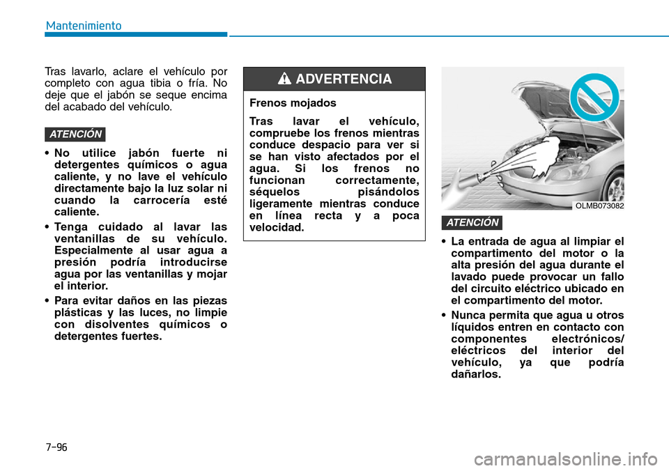 Hyundai Elantra 2017  Manual del propietario (in Spanish) 7-96
Mantenimiento
Tras lavarlo, aclare el vehículo por
completo con agua tibia o fría. No
deje que el jabón se seque encima
del acabado del vehículo.
• No utilice jabón fuerte ni
detergentes q