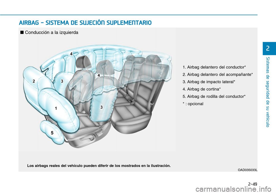 Hyundai Elantra 2017  Manual del propietario (in Spanish) 2-49
Sistemas de seguridad de su vehículo 
2
AIRBAG - SISTEMA DE SUJECIÓN SUPLEMENTARIO  
OAD035033LLos airbags reales del vehículo pueden diferir de los mostrados en la ilustración.
1. Airbag del