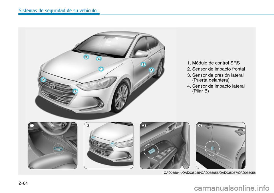 Hyundai Elantra 2017  Manual del propietario (in Spanish) 2-64
Sistemas de seguridad de su vehículo 
1. Módulo de control SRS 
2. Sensor de impacto frontal 
3. Sensor de presión lateral
(Puerta delantera) 
4. Sensor de impacto lateral
(Pilar B)
OAD035044/