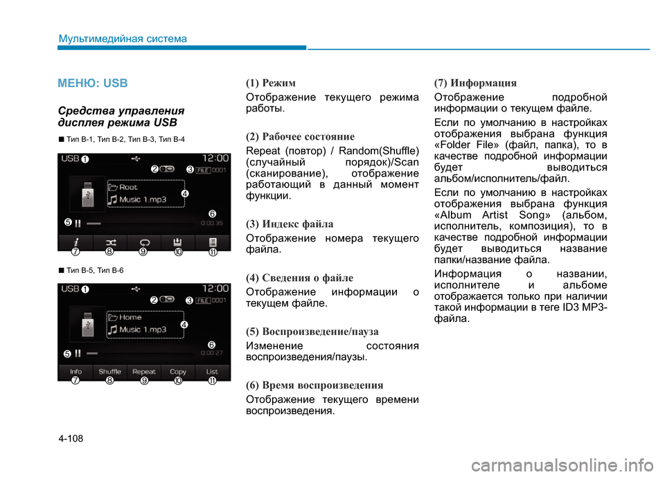 Hyundai Elantra 2017  Инструкция по эксплуатации (in Russian) 4-108
Мультимедийная система
МЕНЮ: USB 
Средства управления
дисплея режима USB(1) Режим
Отображение текущего режим