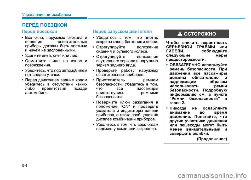 Hyundai Elantra 2017  Инструкция по эксплуатации (in Russian) 5-4
Управление автомобилем
Перед поездкой
• Все окна, наружные зеркала и
внешние осветительные
приборы должн