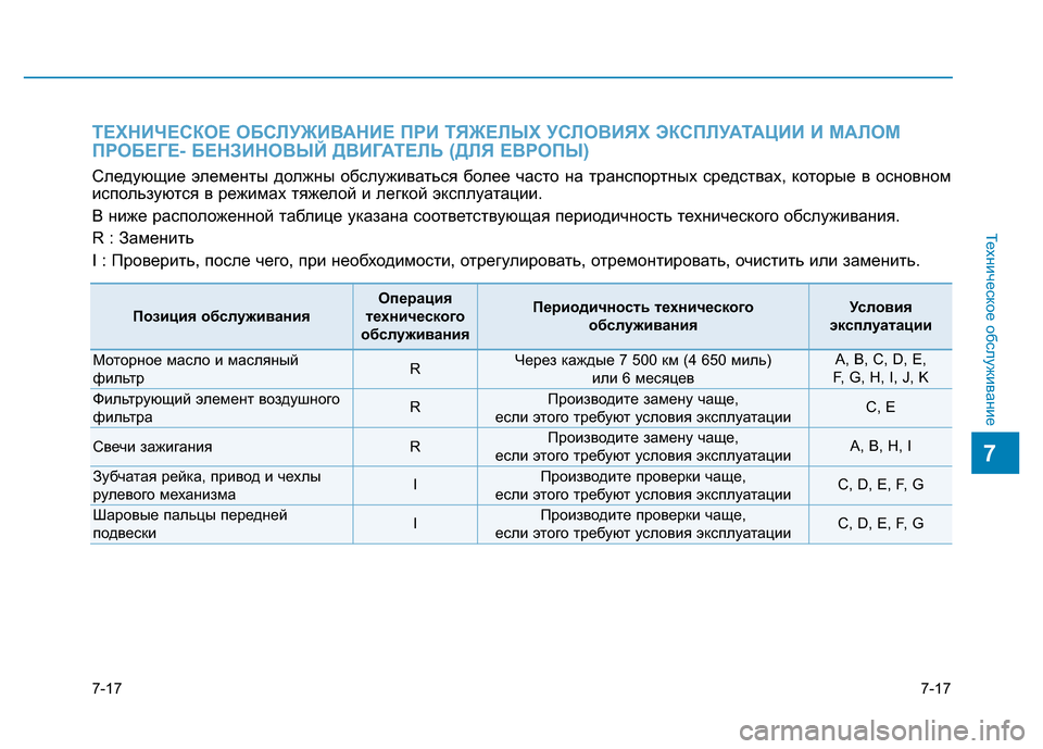 Hyundai Elantra 2017  Инструкция по эксплуатации (in Russian) 7-17
Техническое обслуживание
7
7-17
ТЕХНИЧЕСКОЕ ОБСЛУЖИВАНИЕ ПРИ ТЯЖЕЛЫХ УСЛОВИЯХ ЭКСПЛУАТАЦИИ И МАЛОМ 
ПРОБЕГ