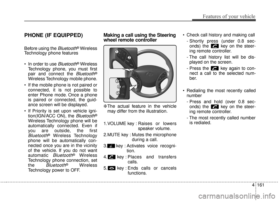 Hyundai Elantra 2016 Owners Manual 4161
Features of your vehicle
PHONE (IF EQUIPPED)
Before using the Bluetooth®Wireless
Technology phone features
In order to use
Bluetooth®Wireless
Technology phone, you must first
pair and connect Hyundai Elantra 2016 Owners Manual 4161
Features of your vehicle
PHONE (IF EQUIPPED)
Before using the Bluetooth®Wireless
Technology phone features
In order to use
Bluetooth®Wireless
Technology phone, you must first
pair and connect