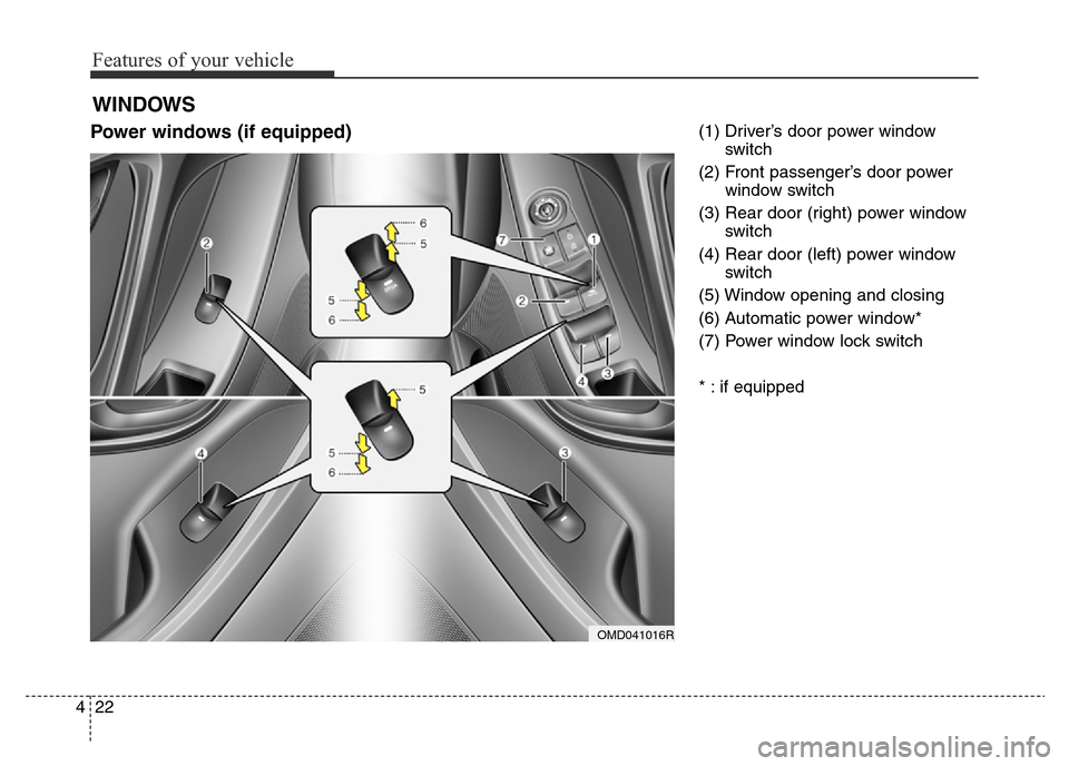 Hyundai Elantra 2016  Owners Manual - RHD (UK. Australia) Features of your vehicle
22 4
Power windows (if equipped)(1) Driver’s door power window
switch
(2) Front passenger’s door power
window switch
(3) Rear door (right) power window
switch
(4) Rear doo