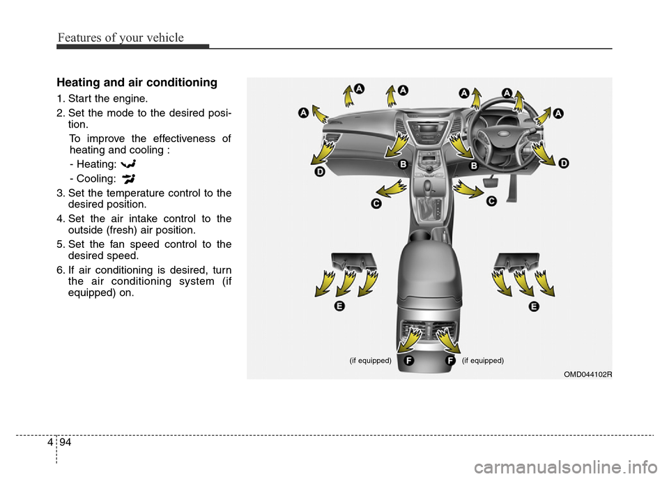 Hyundai Elantra 2016  Owners Manual - RHD (UK. Australia) Features of your vehicle
94 4
Heating and air conditioning
1. Start the engine.
2. Set the mode to the desired posi-
tion.
To improve the effectiveness of
heating and cooling :
- Heating:
- Cooling:
3