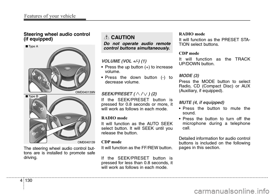 Hyundai Elantra 2016  Owners Manual - RHD (UK. Australia) Features of your vehicle
130 4
Steering wheel audio control 
(if equipped)
The steering wheel audio control but-
tons are is installed to promote safe
driving.
VOLUME (VOL +/-) (1)
• Press the up bu