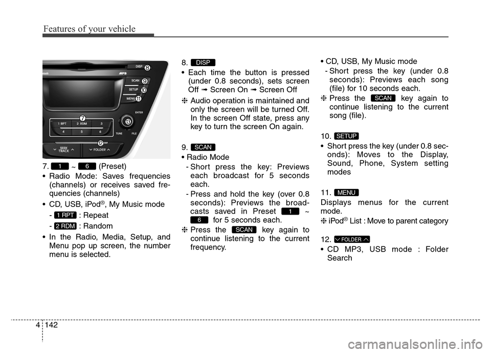 Hyundai Elantra 2016  Owners Manual - RHD (UK. Australia) Features of your vehicle
142 4
7.
~ (Preset)
• Radio Mode: Saves frequencies
(channels) or receives saved fre-
quencies (channels)
• CD, USB, iPod
®, My Music mode
- : Repeat
- : Random
• In th