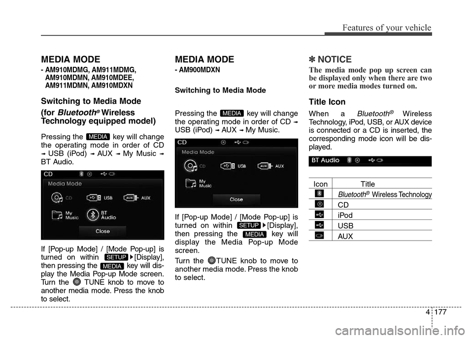 Hyundai Elantra 2016  Owners Manual - RHD (UK. Australia) 4177
Features of your vehicle
MEDIA MODE
- AM910MDMG, AM911MDMG,
AM910MDMN, AM910MDEE,
AM911MDMN, AM910MDXN
Switching to Media Mode
(for 
Bluetooth®Wireless
Technologyequipped model)
Pressing the  ke