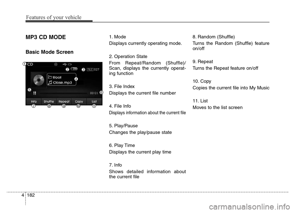 Hyundai Elantra 2016  Owners Manual - RHD (UK. Australia) Features of your vehicle
182 4
MP3 CD MODE
Basic Mode Screen
1. Mode
Displays currently operating mode.
2. Operation State
From Repeat/Random (Shuffle)/
Scan, displays the currently operat-
ing functi