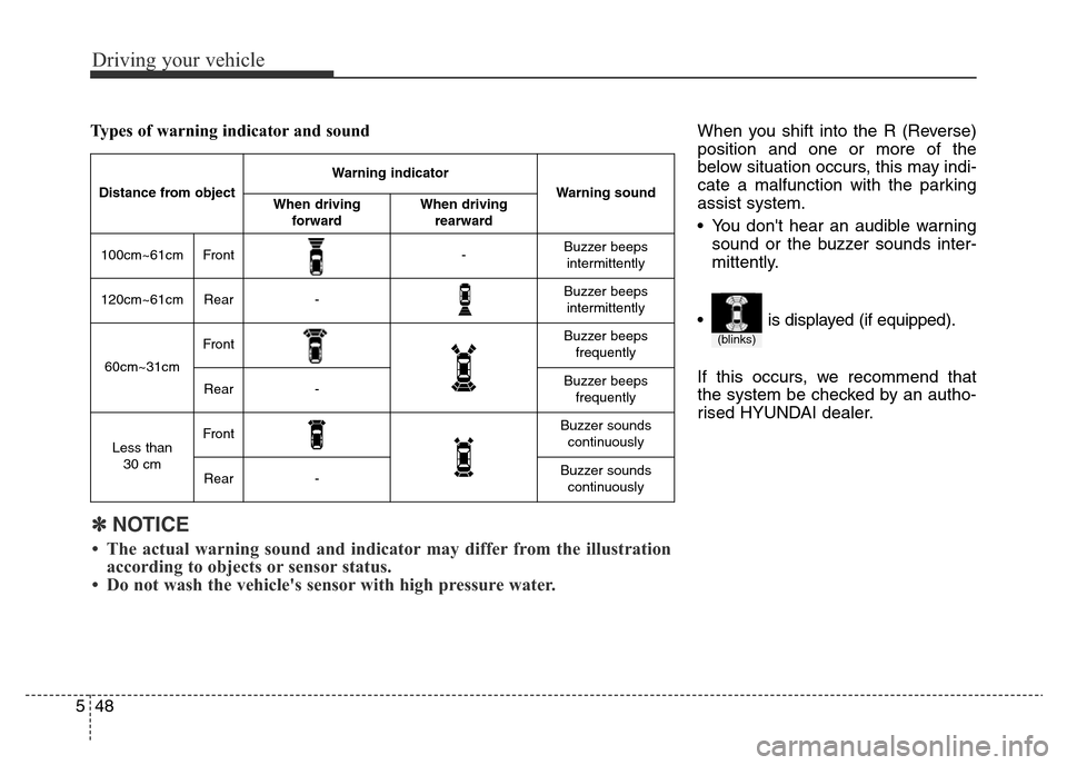 Hyundai Elantra 2016  Owners Manual - RHD (UK. Australia) Driving your vehicle
48 5
When you shift into the R (Reverse)
position and one or more of the
below situation occurs, this may indi-
cate a malfunction with the parking
assist system.
• You dont he