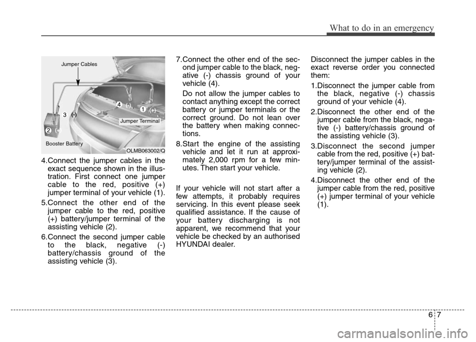 Hyundai Elantra 2016  Owners Manual - RHD (UK. Australia) 4.Connect the jumper cables in the
exact sequence shown in the illus-
tration. First connect one jumper
cable to the red, positive (+)
jumper terminal of your vehicle (1).
5.Connect the other end of t