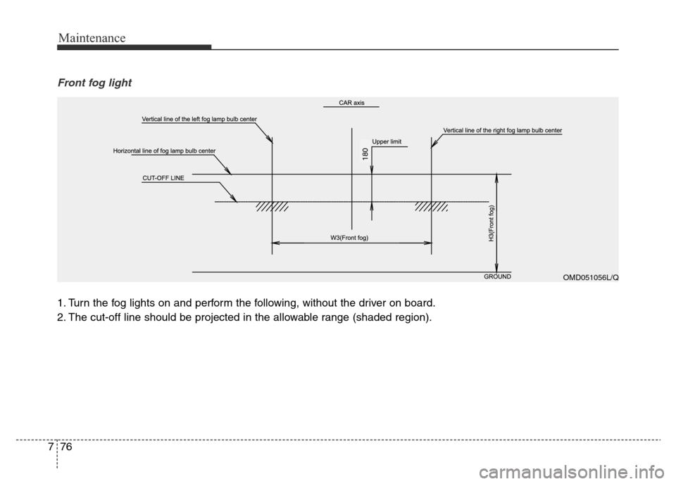 Hyundai Elantra 2016  Owners Manual - RHD (UK. Australia) Maintenance
76 7
Front fog light 
1. Turn the fog lights on and perform the following, without the driver on board.
2. The cut-off line should be projected in the allowable range (shaded region).
OMD0
