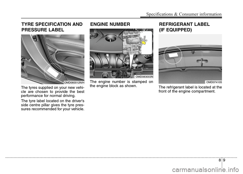 Hyundai Elantra 2016  Owners Manual - RHD (UK. Australia) 89
Specifications & Consumer information
The tyres supplied on your new vehi-
cle are chosen to provide the best
performance for normal driving.
The tyre label located on the drivers
side centre pill