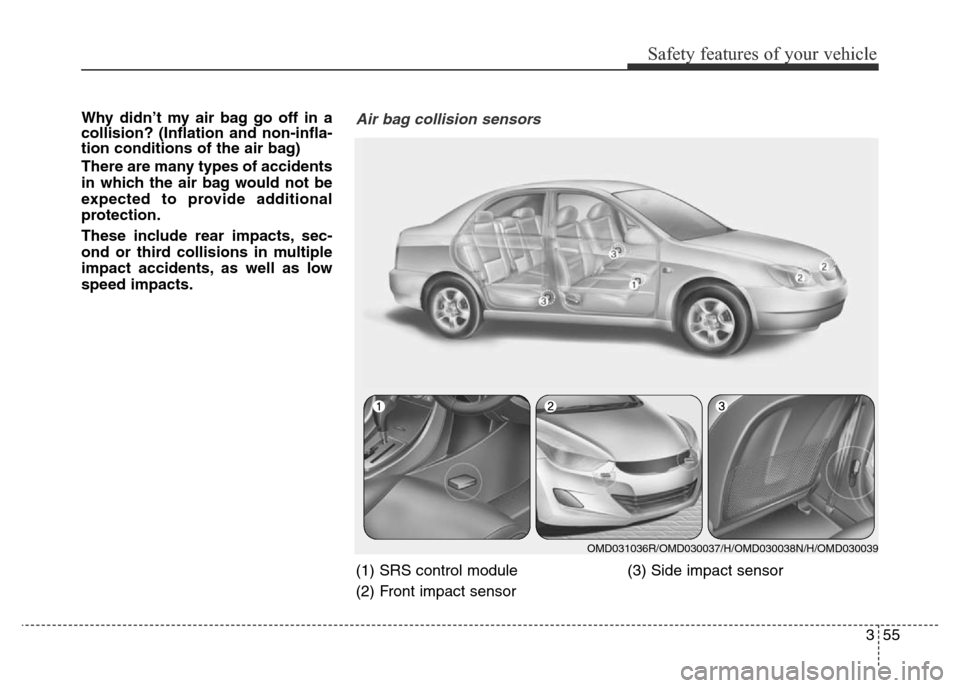 Hyundai Elantra 2016  Owners Manual - RHD (UK. Australia) 355
Safety features of your vehicle
Why didn’t my air bag go off in a
collision? (Inflation and non-infla-
tion conditions of the air bag)
There are many types of accidents
in which the air bag woul