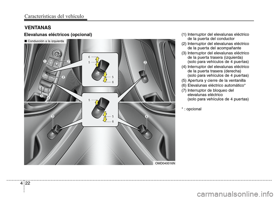 Hyundai Elantra 2016  Manual del propietario (i35) (in Spanish) Características del vehículo
22 4
Elevalunas eléctricos (opcional)(1) Interruptor del elevalunas eléctrico
de la puerta del conductor
(2) Interruptor del elevalunas eléctrico
de la puerta del aco