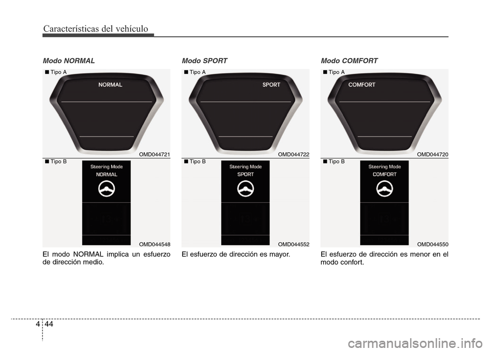 Hyundai Elantra 2016  Manual del propietario (i35) (in Spanish) Características del vehículo
44 4
Modo NORMAL
El modo NORMAL implica un esfuerzo
de dirección medio.
Modo SPORT
El esfuerzo de dirección es mayor.
Modo COMFORT
El esfuerzo de dirección es menor e