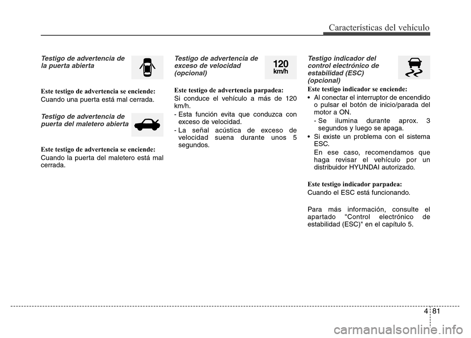 Hyundai Elantra 2016 Manual del propietario (i35) (in Spanish) 481
Características del vehículo
Testigo de advertencia de
la puerta abierta
Este testigo de advertencia se enciende:
Cuando una puerta está mal cerrada.
Testigo de advertencia de
puerta del malete Hyundai Elantra 2016 Manual del propietario (i35) (in Spanish) 481
Características del vehículo
Testigo de advertencia de
la puerta abierta
Este testigo de advertencia se enciende:
Cuando una puerta está mal cerrada.
Testigo de advertencia de
puerta del malete
