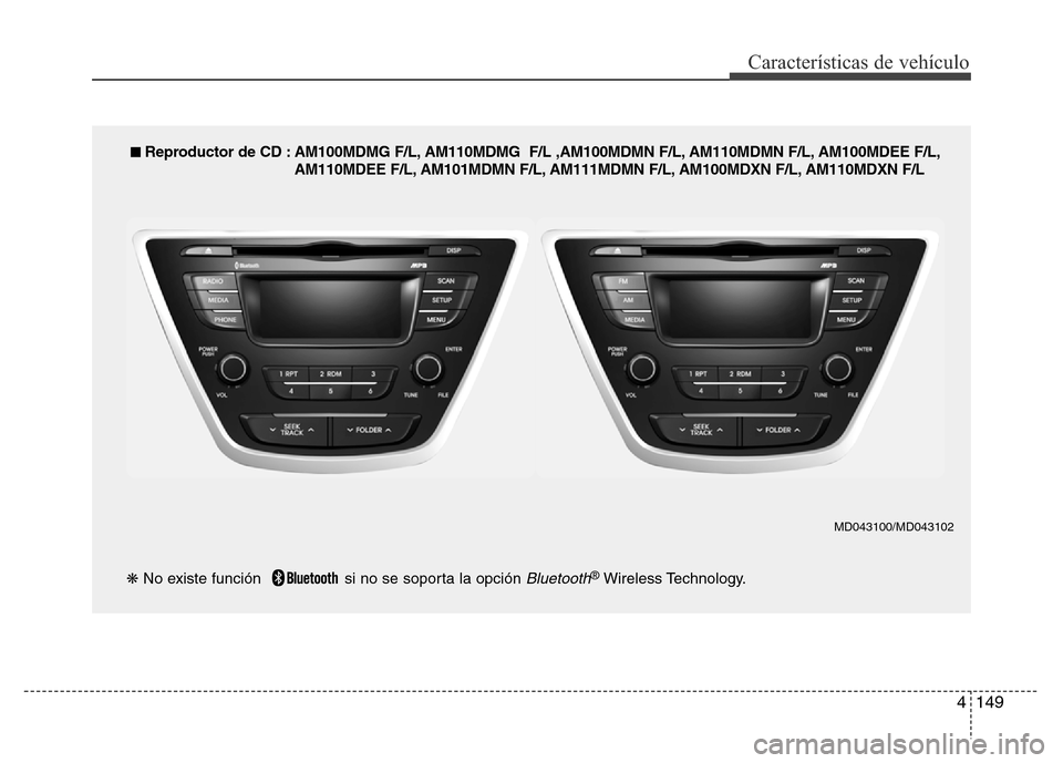 Hyundai Elantra 2016  Manual del propietario (i35) (in Spanish) 4149
Características de vehículo
■ Reproductor de CD : AM100MDMG F/L, AM110MDMG  F/L ,AM100MDMN F/L, AM110MDMN F/L, AM100MDEE F/L,
AM110MDEE F/L, AM101MDMN F/L, AM111MDMN F/L, AM100MDXN F/L, AM110