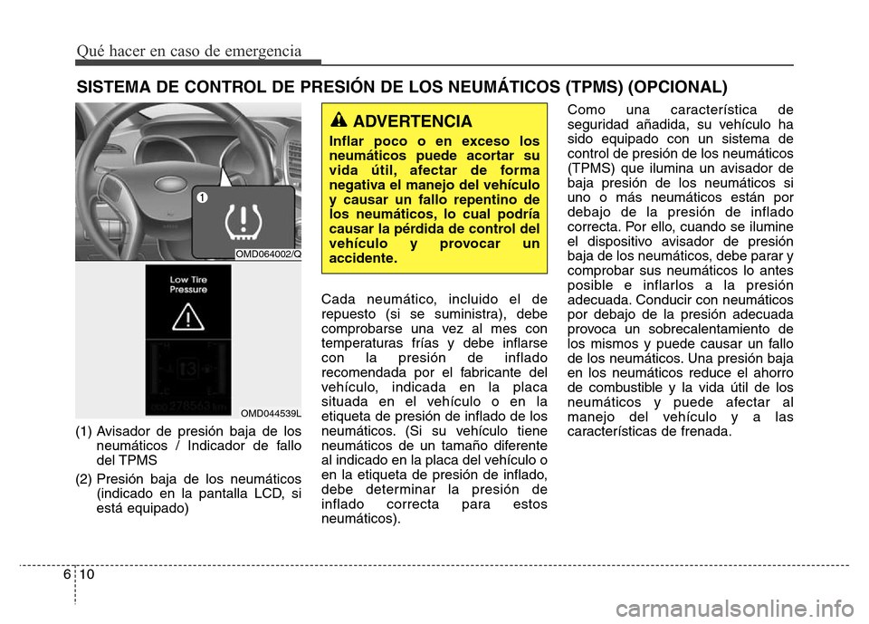 Hyundai Elantra 2016 Manual del propietario (i35) (in Spanish) (1) Avisador de presión baja de los
neumáticos / Indicador de fallo
del TPMS
(2) Presión baja de los neumáticos
(indicado en la pantalla LCD, si
está equipado)Cada neumático, incluido el de
repu Hyundai Elantra 2016 Manual del propietario (i35) (in Spanish) (1) Avisador de presión baja de los
neumáticos / Indicador de fallo
del TPMS
(2) Presión baja de los neumáticos
(indicado en la pantalla LCD, si
está equipado)Cada neumático, incluido el de
repu