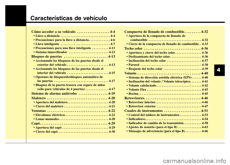 Hyundai Elantra 2016 Manual del propietario (i35) (in Spanish) Características de vehículo
Cómo acceder a su vehículo . . . . . . . . . . . . . . . . . . 4-4
• Llave a distancia . . . . . . . . . . . . . . . . . . . . . . . . . . . . . . 4-4
• Precaucion Hyundai Elantra 2016 Manual del propietario (i35) (in Spanish) Características de vehículo
Cómo acceder a su vehículo . . . . . . . . . . . . . . . . . . 4-4
• Llave a distancia . . . . . . . . . . . . . . . . . . . . . . . . . . . . . . 4-4
• Precaucion