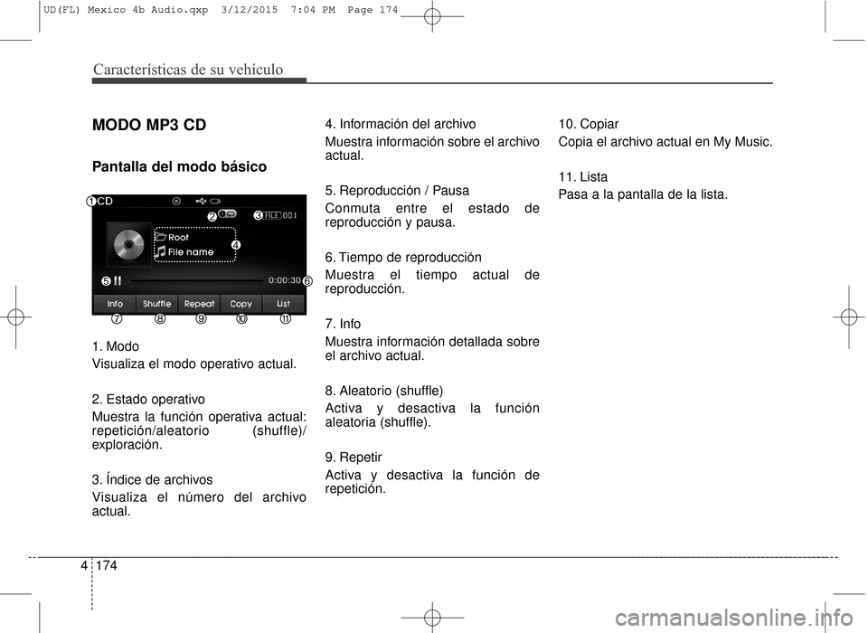 Hyundai Elantra 2016  Manual del propietario (in Spanish) Características de su vehículo
174
4
MODO MP3 CD
Pantalla del modo básico
1. Modo
Visualiza el modo operativo actual.
2. Estado operativo
Muestra la función operativa actual:
repetición/aleatorio