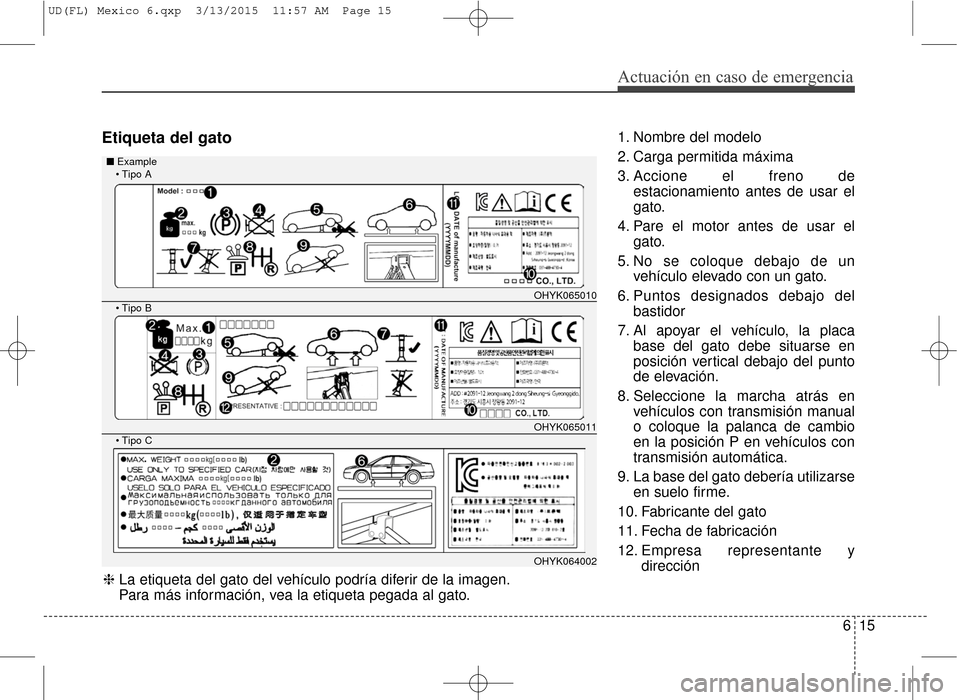 Hyundai Elantra 2016  Manual del propietario (in Spanish) Etiqueta del gato1. Nombre del modelo
2. Carga permitida máxima
3. Accione el freno deestacionamiento antes de usar el
gato.
4. Pare el motor antes de usar el gato.
5. No se coloque debajo de un veh
