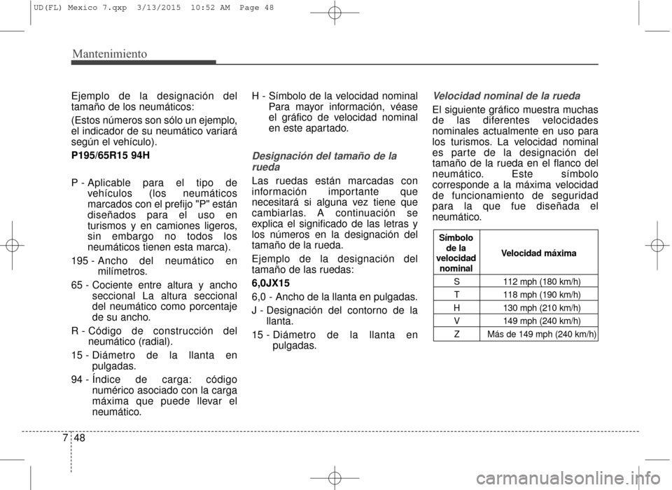 Hyundai Elantra 2016 Manual del propietario (in Spanish) Mantenimiento
48
7
Ejemplo de la designación del
tamaño de los neumáticos:
(Estos números son sólo un ejemplo,
el indicador de su neumático variará
según el vehículo).
P195/65R15 94H
P - Apli Hyundai Elantra 2016 Manual del propietario (in Spanish) Mantenimiento
48
7
Ejemplo de la designación del
tamaño de los neumáticos:
(Estos números son sólo un ejemplo,
el indicador de su neumático variará
según el vehículo).
P195/65R15 94H
P - Apli