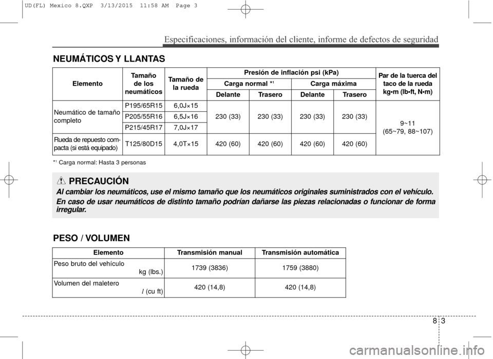 Hyundai Elantra 2016  Manual del propietario (in Spanish) 83
Especificaciones, información del cliente, informe de defectos de seg\
uridad
NEUMÁTICOS Y  LLANTAS
*1Carga normal: Hasta 3 personas 
PRECAUCIÓN
Al cambiar los neumáticos, use el mismo tamaño 