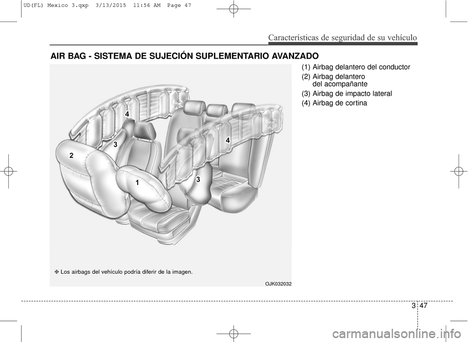 Hyundai Elantra 2016  Manual del propietario (in Spanish) Características de seguridad de su vehículo
347
(1) Airbag delantero del conductor
(2) Airbag delantero 
del acompañante
(3) Airbag de impacto lateral
(4) Airbag de cortina
AIR BAG - SISTEMA DE SUJ