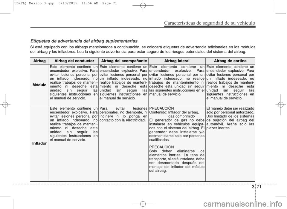 Hyundai Elantra 2016 Manual del propietario (in Spanish) Características de seguridad de su vehículo
371
Etiquetas de advertencia del airbag suplementarias
Si está equipado con los airbags mencionados a continuación, se colocará etiquetas de advertenci Hyundai Elantra 2016 Manual del propietario (in Spanish) Características de seguridad de su vehículo
371
Etiquetas de advertencia del airbag suplementarias
Si está equipado con los airbags mencionados a continuación, se colocará etiquetas de advertenci