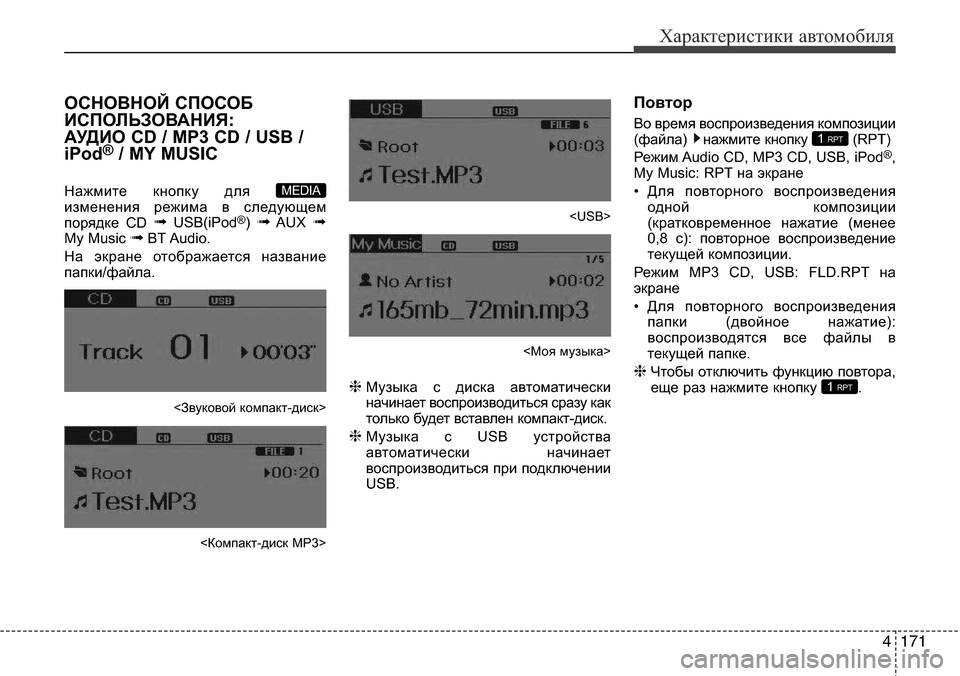 Hyundai Elantra 2016  Инструкция по эксплуатации (in Russian) 4171
Характеристики автомобиля
ОСНОВНОЙ СПОСОБ
ИСПОЛЬЗОВАНИЯ: 
АУДИО CD / MP3 CD / USB /
iPod
®/ MY MUSIC
Нажмите кнопку для 
