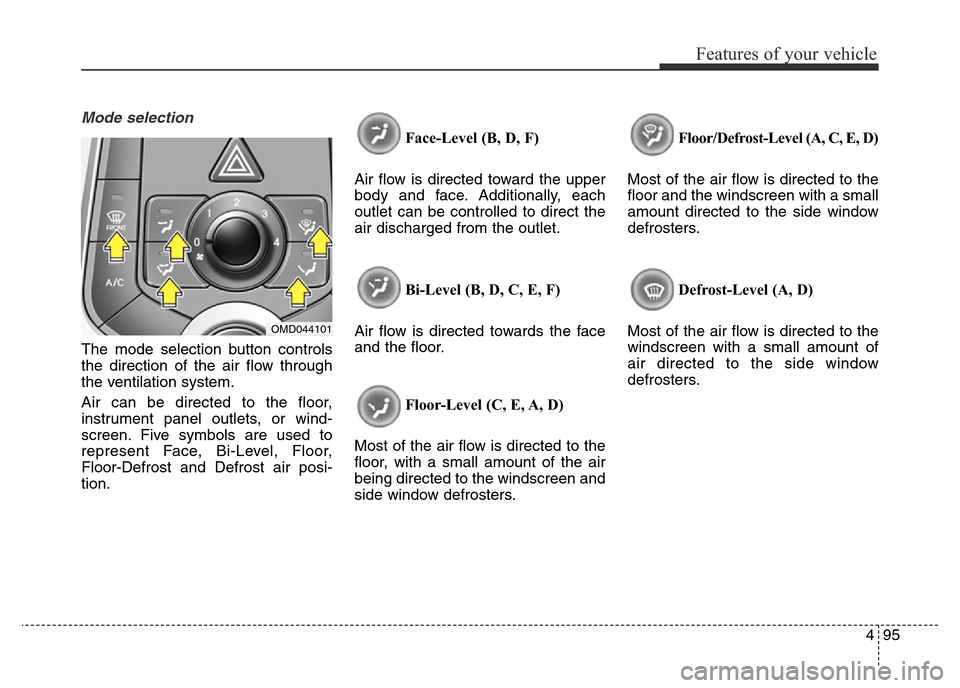 Hyundai Elantra 2015 Owners Manual - RHD (UK. Australia) 495
Features of your vehicle
Mode selection
The mode selection button controls
the direction of the air flow through
the ventilation system.
Air can be directed to the floor,
instrument panel outlets, Hyundai Elantra 2015 Owners Manual - RHD (UK. Australia) 495
Features of your vehicle
Mode selection
The mode selection button controls
the direction of the air flow through
the ventilation system.
Air can be directed to the floor,
instrument panel outlets,