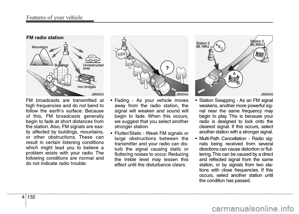 Hyundai Elantra 2015 Owners Manual - RHD (UK. Australia) Features of your vehicle
132 4
FM broadcasts are transmitted at
high frequencies and do not bend to
follow the earths surface. Because
of this, FM broadcasts generally
begin to fade at short distance Hyundai Elantra 2015 Owners Manual - RHD (UK. Australia) Features of your vehicle
132 4
FM broadcasts are transmitted at
high frequencies and do not bend to
follow the earths surface. Because
of this, FM broadcasts generally
begin to fade at short distance