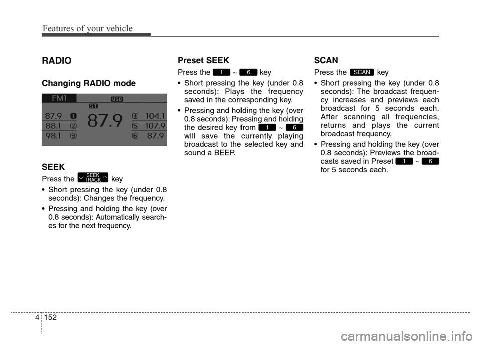 Hyundai Elantra 2015  Owners Manual - RHD (UK. Australia) Features of your vehicle
152 4
RADIO 
Changing RADIO mode
SEEK
Press the  key
• Short pressing the key (under 0.8
seconds): Changes the frequency.
• Pressing and holding the key (over
0.8 seconds)