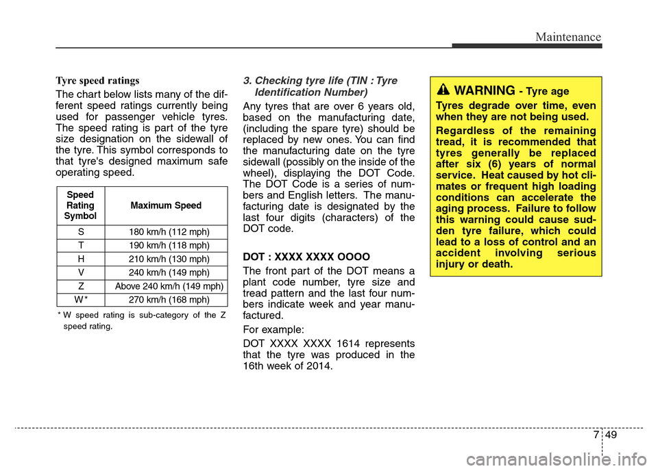 Hyundai Elantra 2015  Owners Manual - RHD (UK. Australia) 749
Maintenance
Tyre speed ratings  
The chart below lists many of the dif-
ferent speed ratings currently being
used for passenger vehicle tyres.
The speed rating is part of the tyre
size designation
