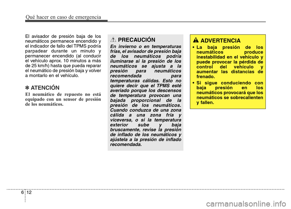 Hyundai Elantra 2015  Manual del propietario (i35) (in Spanish) El avisador de presión baja de los
neumáticos permanece encendido y
el indicador de fallo del TPMS podría
parpadear durante un minuto y
permanecer encendido (al conducir
el vehículo aprox. 10 minu